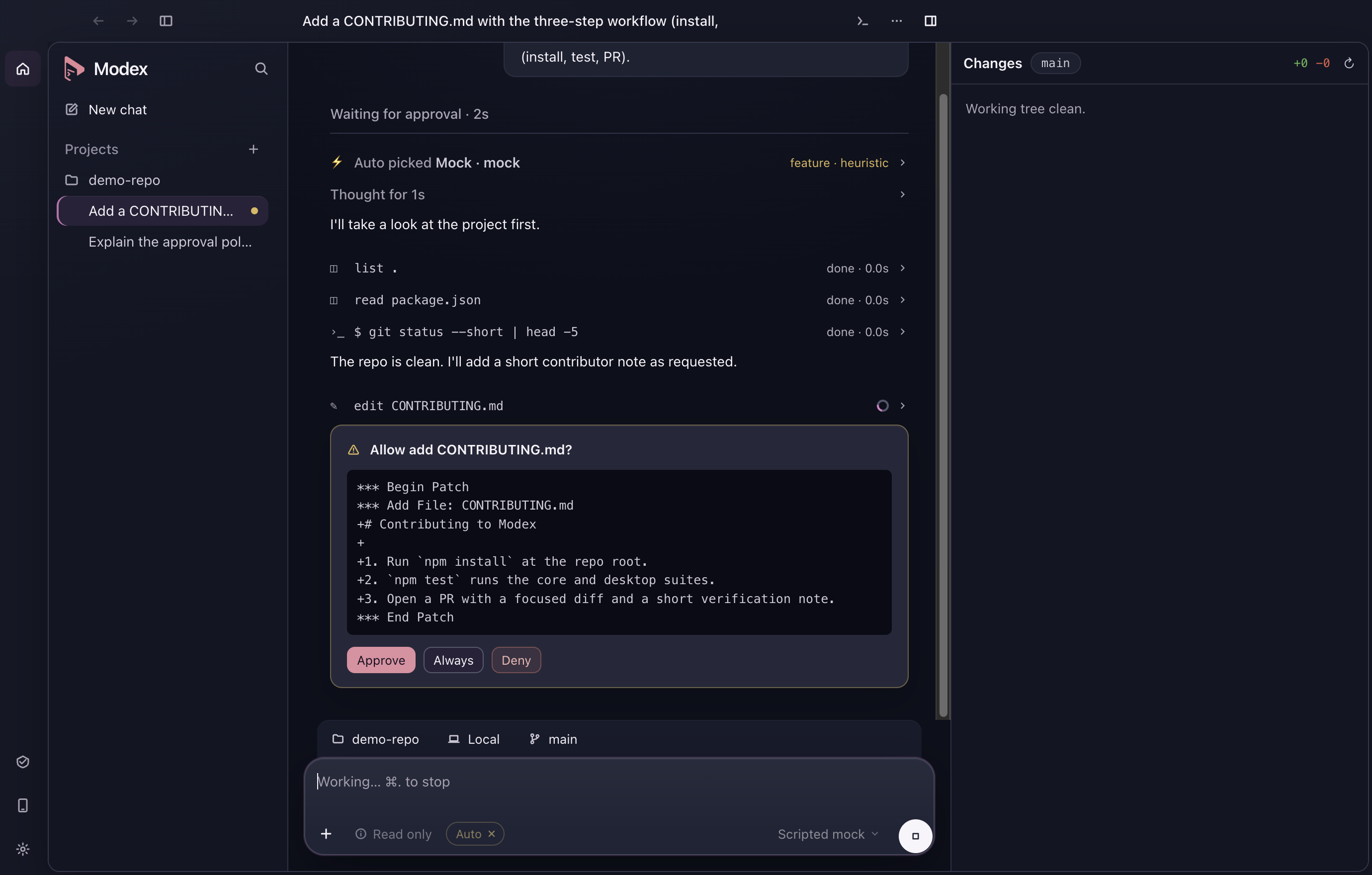 Modex on Mac showing a coding thread and a request to approve a file change
