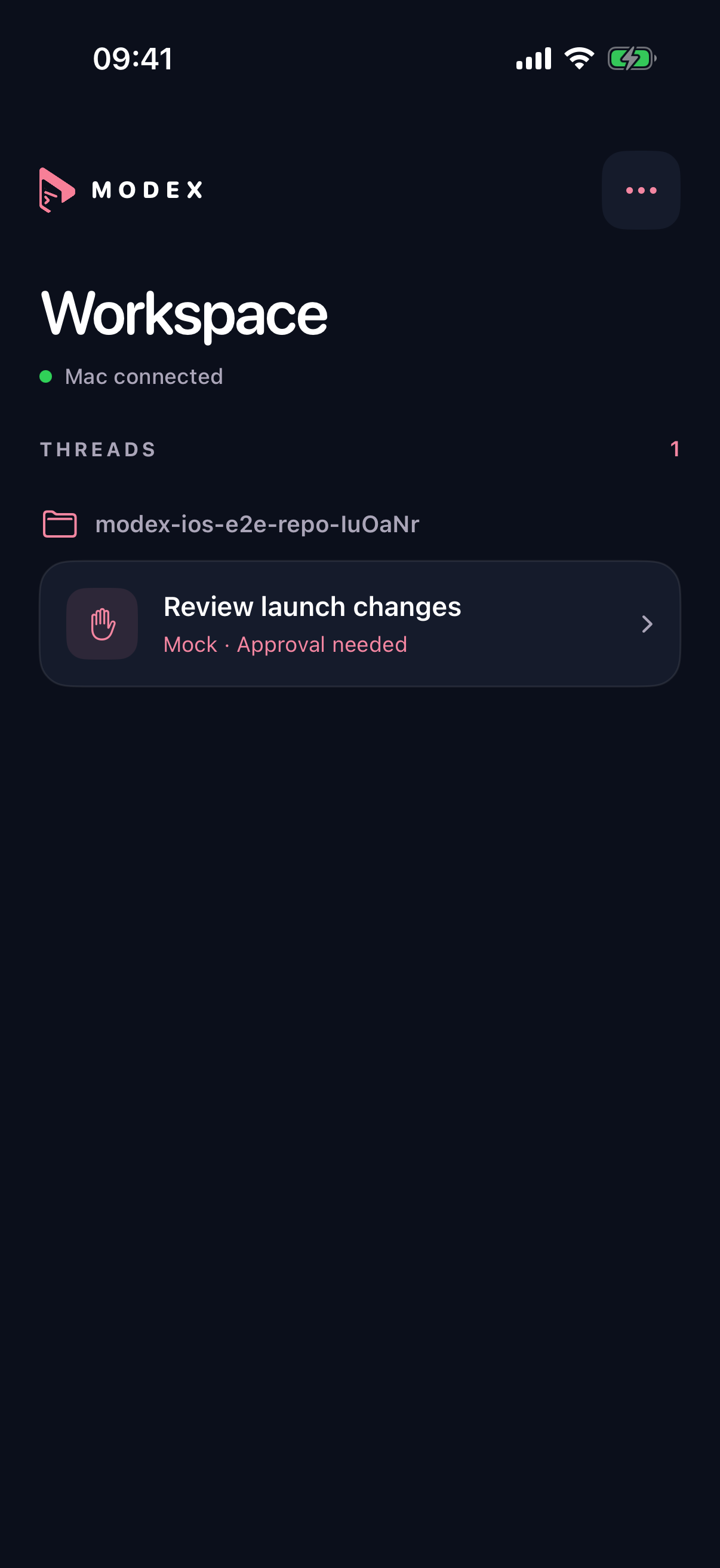 Modex Companion on iPhone showing threads from a paired Mac